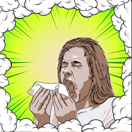 Woman sneezing into a Kleenex (illustration).