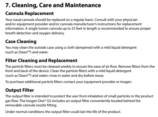 Inogen G5 cleaning, care, and maintenance