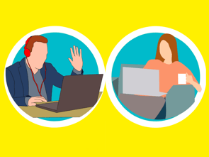 Clip art of man and woman video calling.