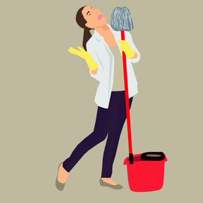 Woman singing while cleaning (illustration).